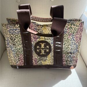 Tory Burch Multicolor Canvas Tote with Brown Trim and Logo